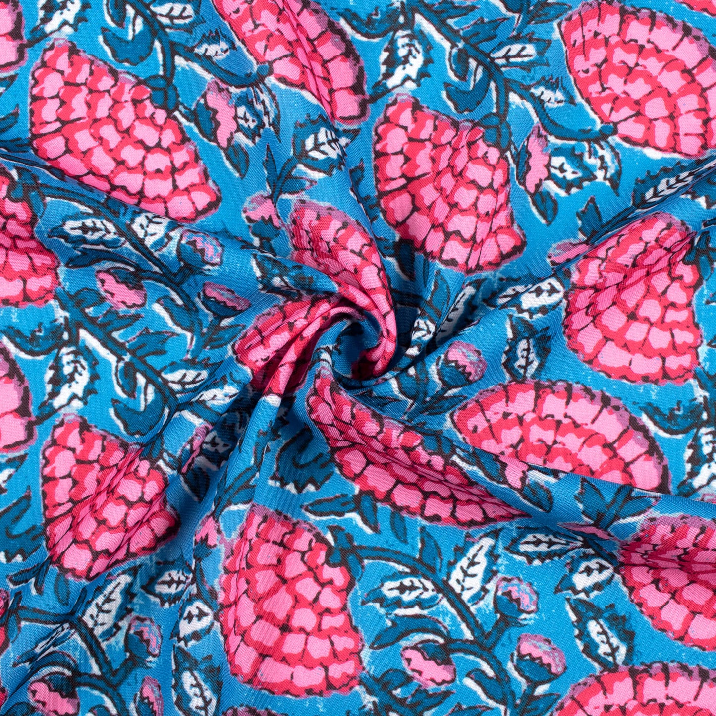 Steel Blue And Pink Floral Pattern Digital Print Rayon Fabric