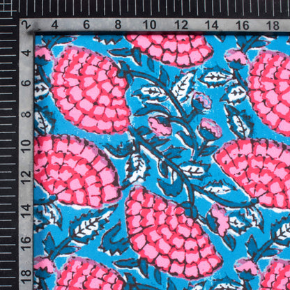 Steel Blue And Pink Floral Pattern Digital Print Rayon Fabric