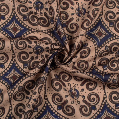 Camel Brown And Navy Blue Traditional Pattern Digital Print Rayon Fabric