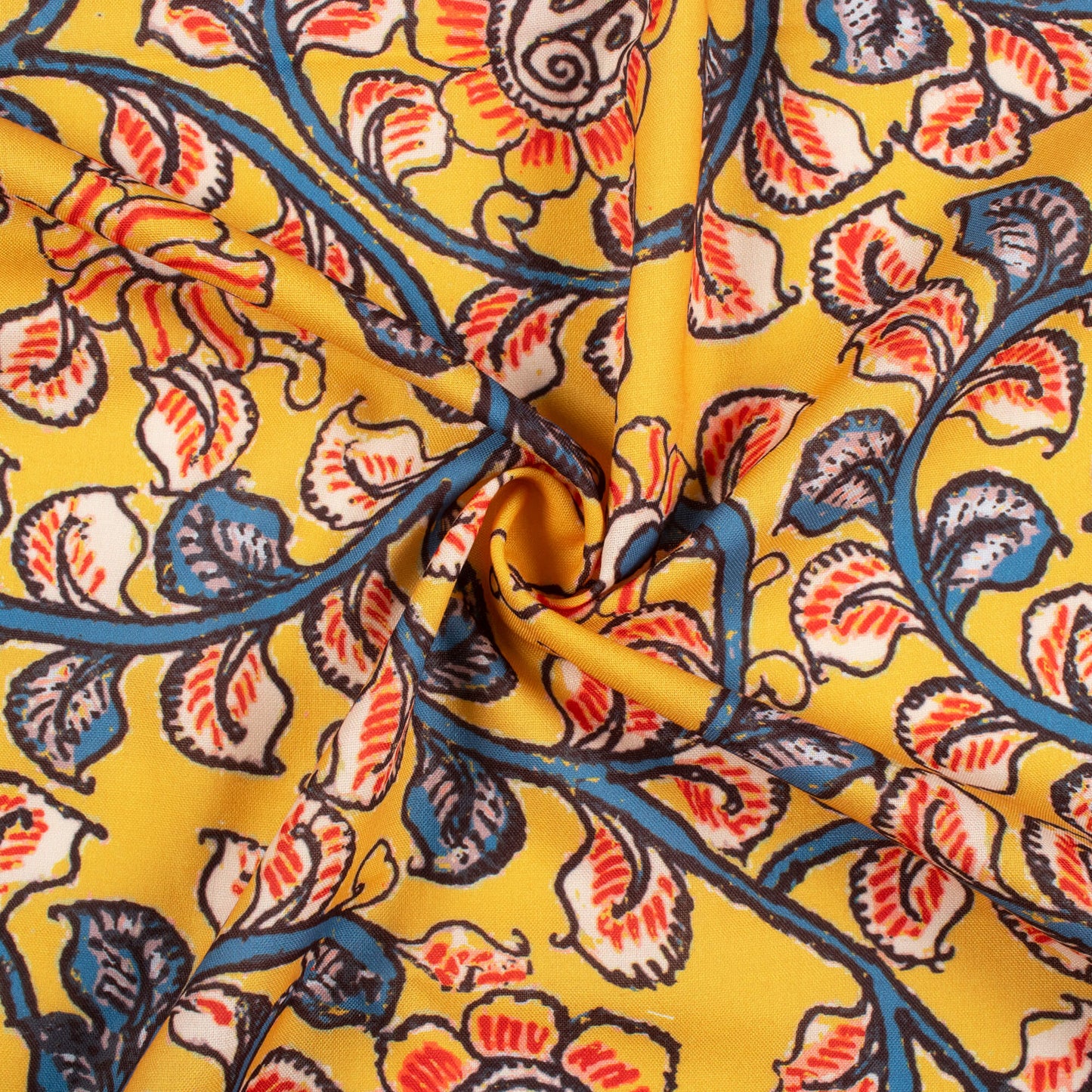 Butterscotch Yellow And Steel Blue Kalamkari Pattern Digital Print Rayon Fabric