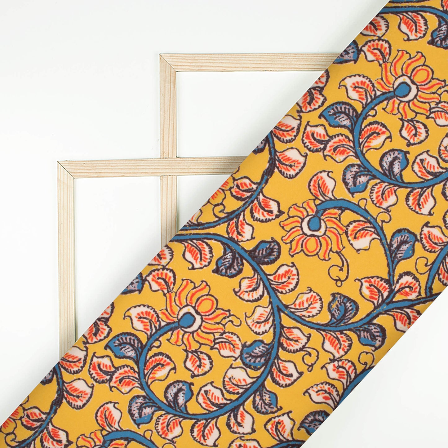 Butterscotch Yellow And Steel Blue Kalamkari Pattern Digital Print Rayon Fabric