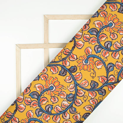 Butterscotch Yellow And Steel Blue Kalamkrii Pattern Digital Print Rayon Fabric