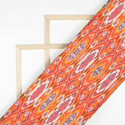 Orange And Red Ikkat Pattern Digital Print Rayon Fabric