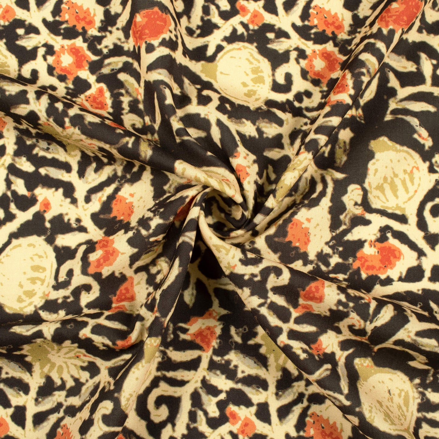 Black And Sand Beige Floral Pattern Digital Print Rayon Fabric