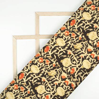 Black And Sand Beige Floral Pattern Digital Print Rayon Fabric