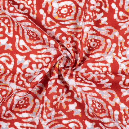 Brick Red And White Batik Pattern Digital Print Rayon Fabric