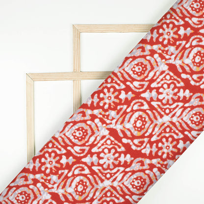 Brick Red And White Batik Pattern Digital Print Rayon Fabric