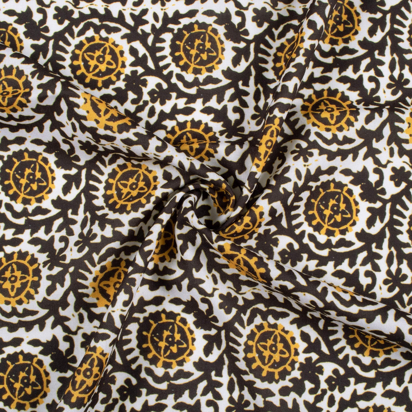 Black And Yellow Floral Pattern Digital Print Rayon Fabric