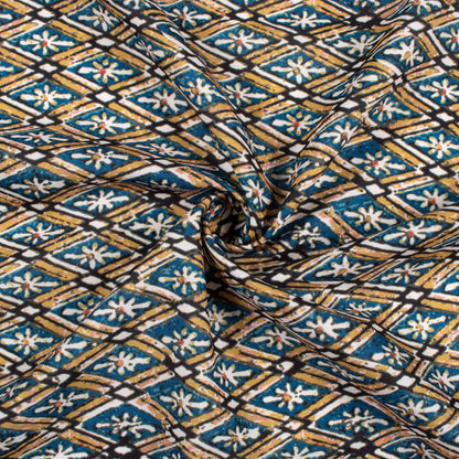 Mustard Yellow And Blue Geometric Pattern Digital Print Rayon Fabric