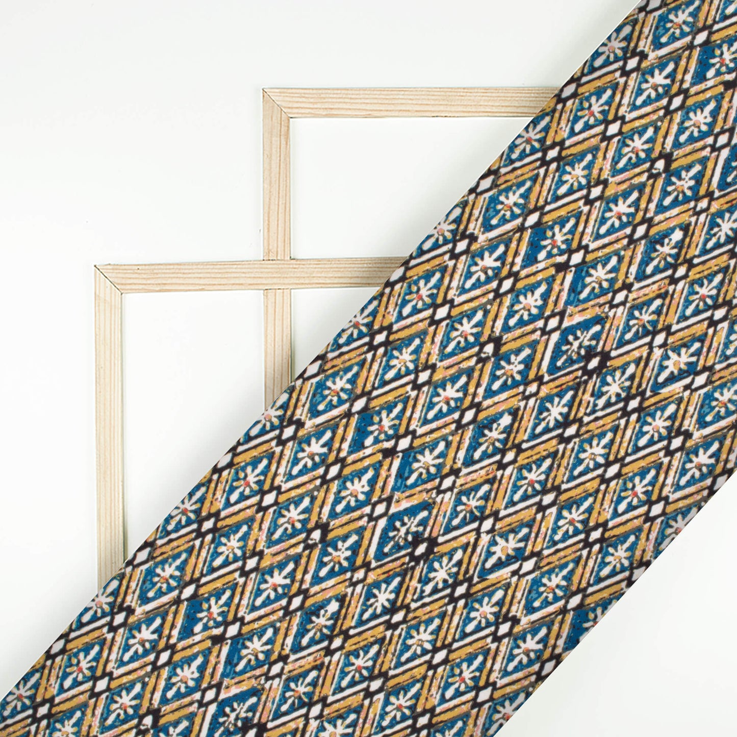 Mustard Yellow And Blue Geometric Pattern Digital Print Rayon Fabric