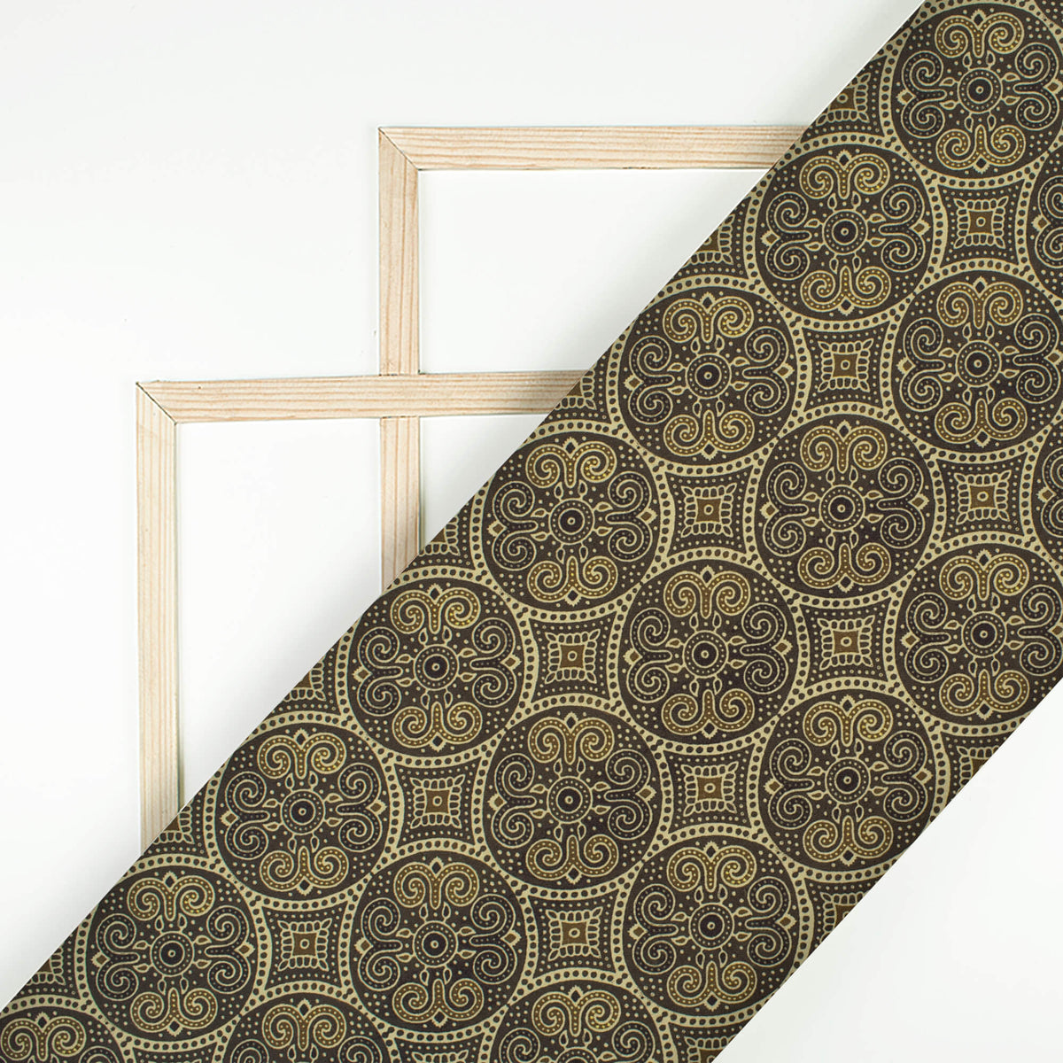 Army Green And Camel Brown Ajrakh Pattern Digital Print Rayon Fabric