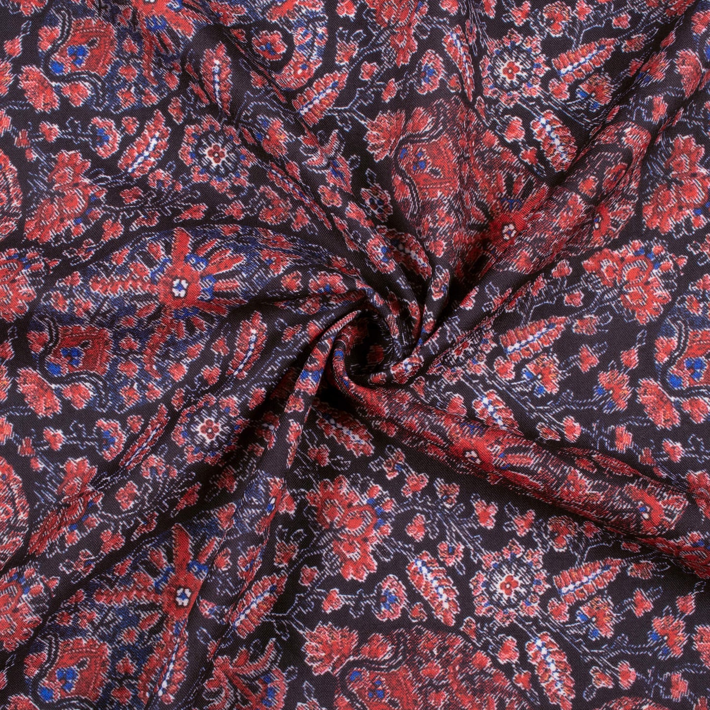 Yale Blue And Red Paisley Pattern Digital Print Rayon Fabric