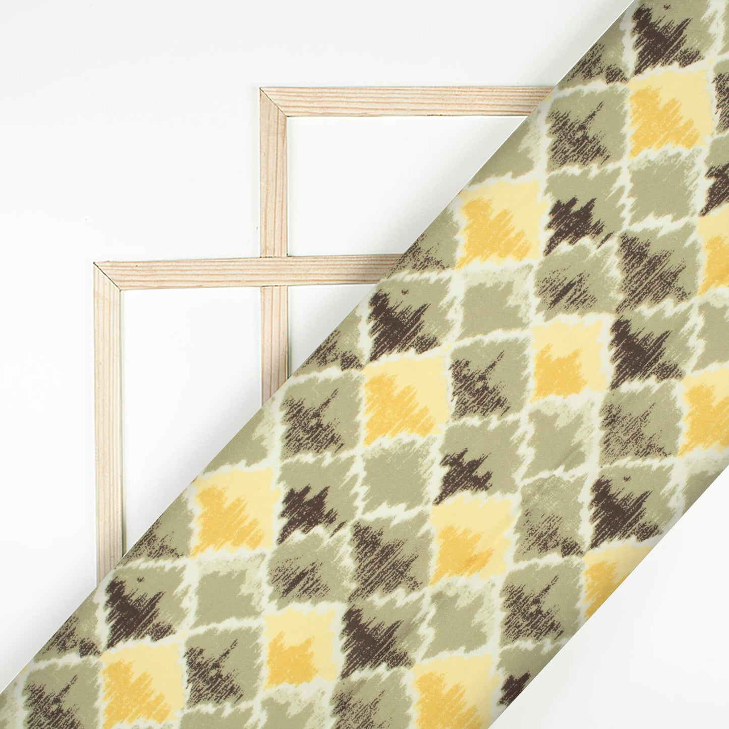 Dafodial Yellow And Stone Grey Abstract Pattern Digital Print Rayon Fabric