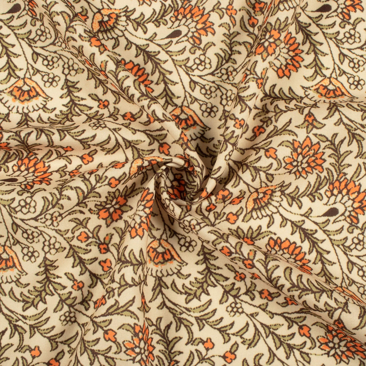 Sand Beige And Orange Floral Pattern Digital Print Rayon Fabric