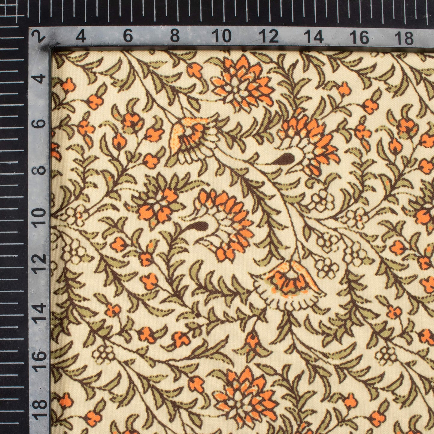 Sand Beige And Orange Floral Pattern Digital Print Rayon Fabric