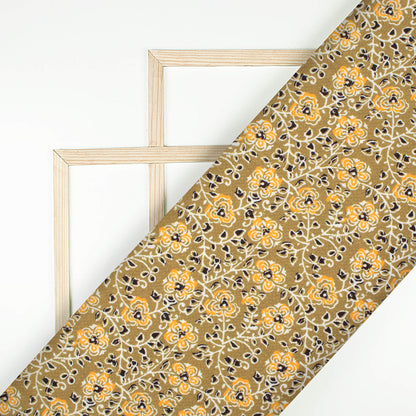 Peanut Brown And Salmon Orange Floral Pattern Digital Print Rayon Fabric