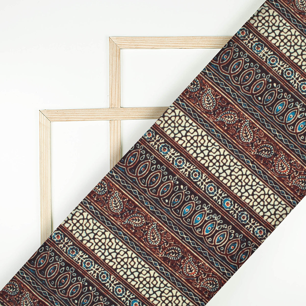 Vermilion Red And Prussian Blue Ajrakh Pattern Digital Print Rayon Fabric