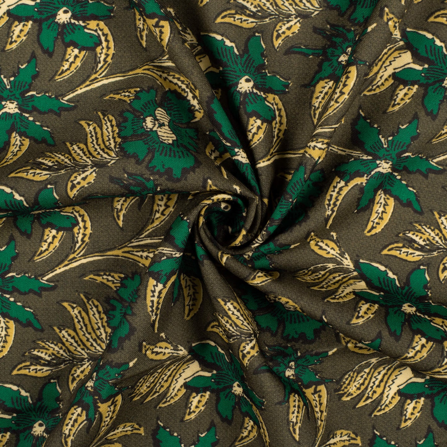 Army Green And Mustard Yellow Floral Pattern Digital Print Rayon Fabric