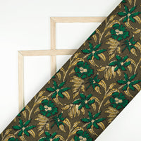Army Green And Mustard Yellow Floral Pattern Digital Print Rayon Fabric