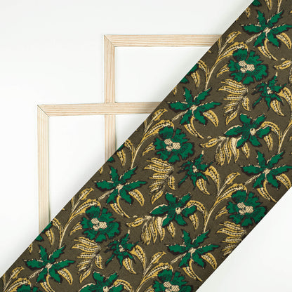 Army Green And Mustard Yellow Floral Pattern Digital Print Rayon Fabric