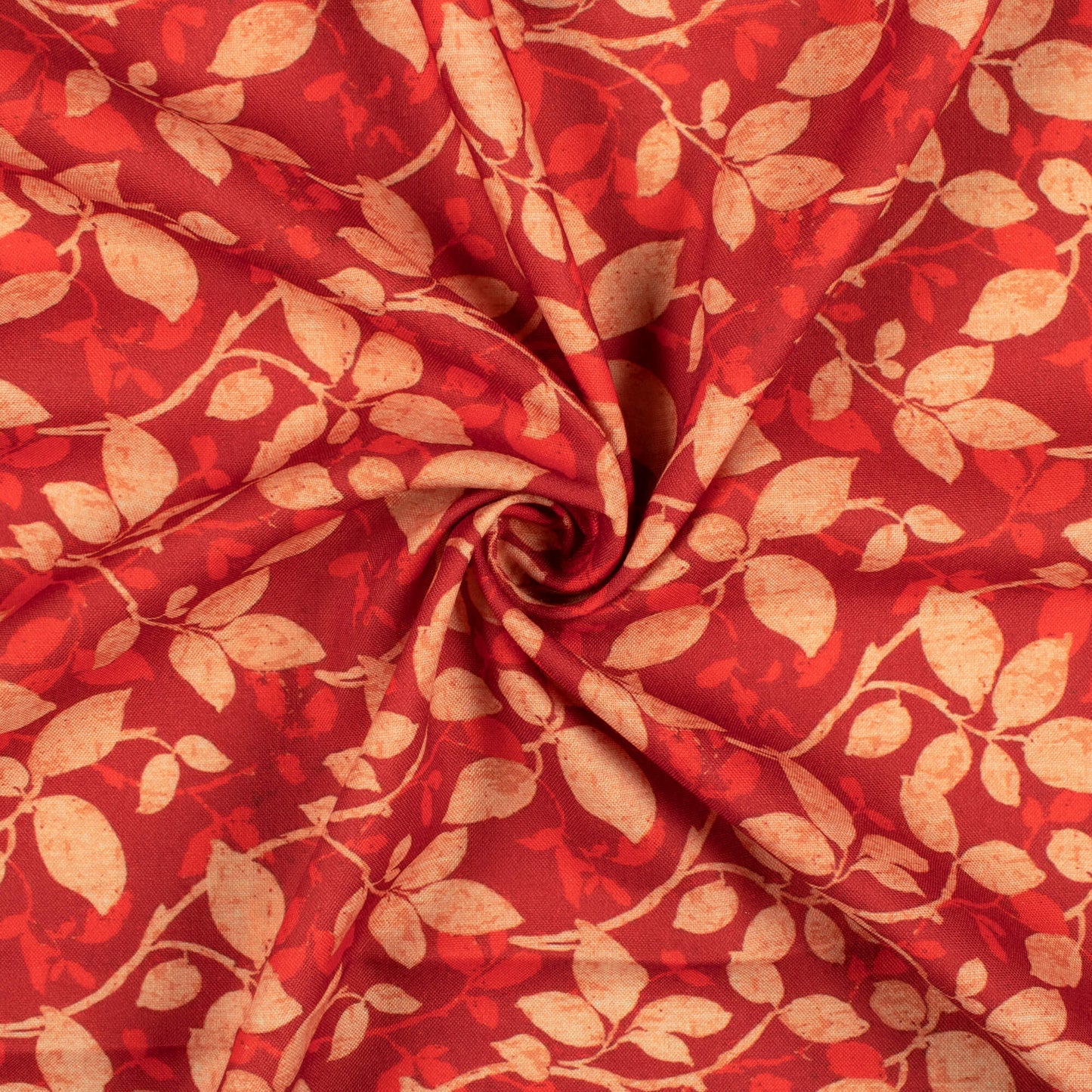 Vermilion Red And Beige Leaf Pattern Digital Print Rayon Fabric