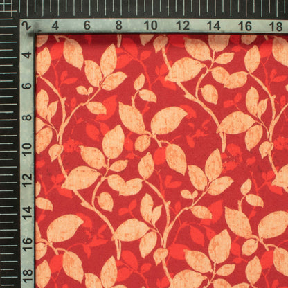 Vermilion Red And Beige Leaf Pattern Digital Print Rayon Fabric