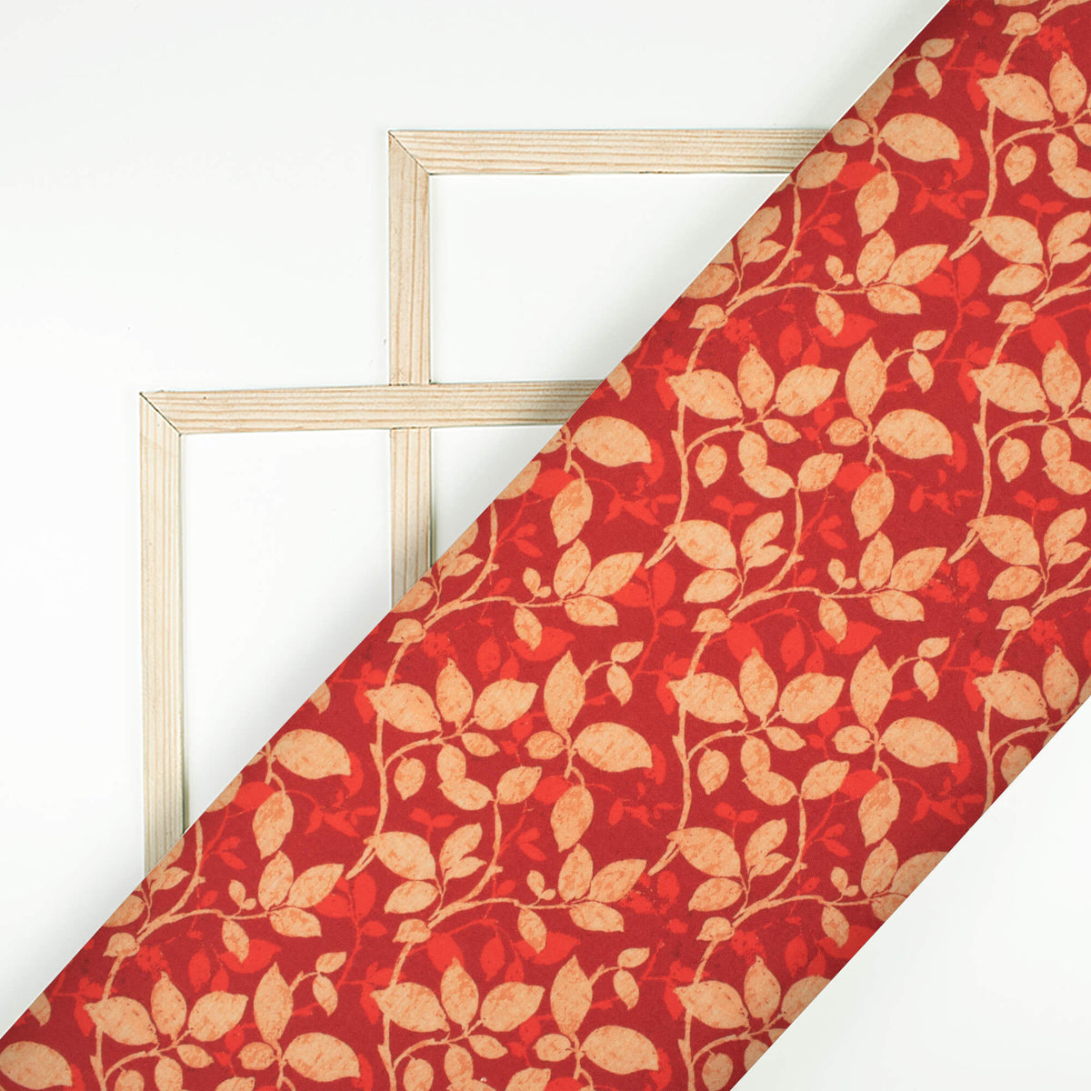 Vermilion Red And Beige Leaf Pattern Digital Print Rayon Fabric