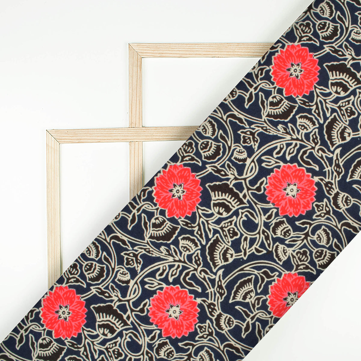 Navy Blue And Desire Red Floral Pattern Digital Print Rayon Fabric