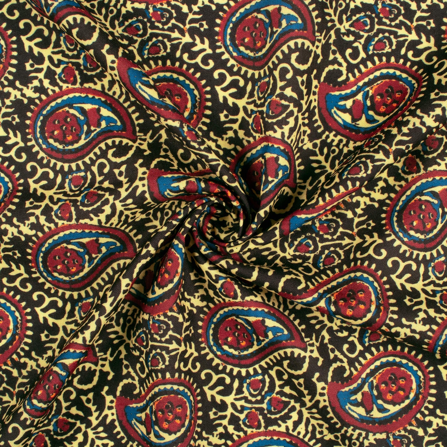 Lemon Yellow And Vermilion Red Paisley Pattern Digital Print Rayon Fabric