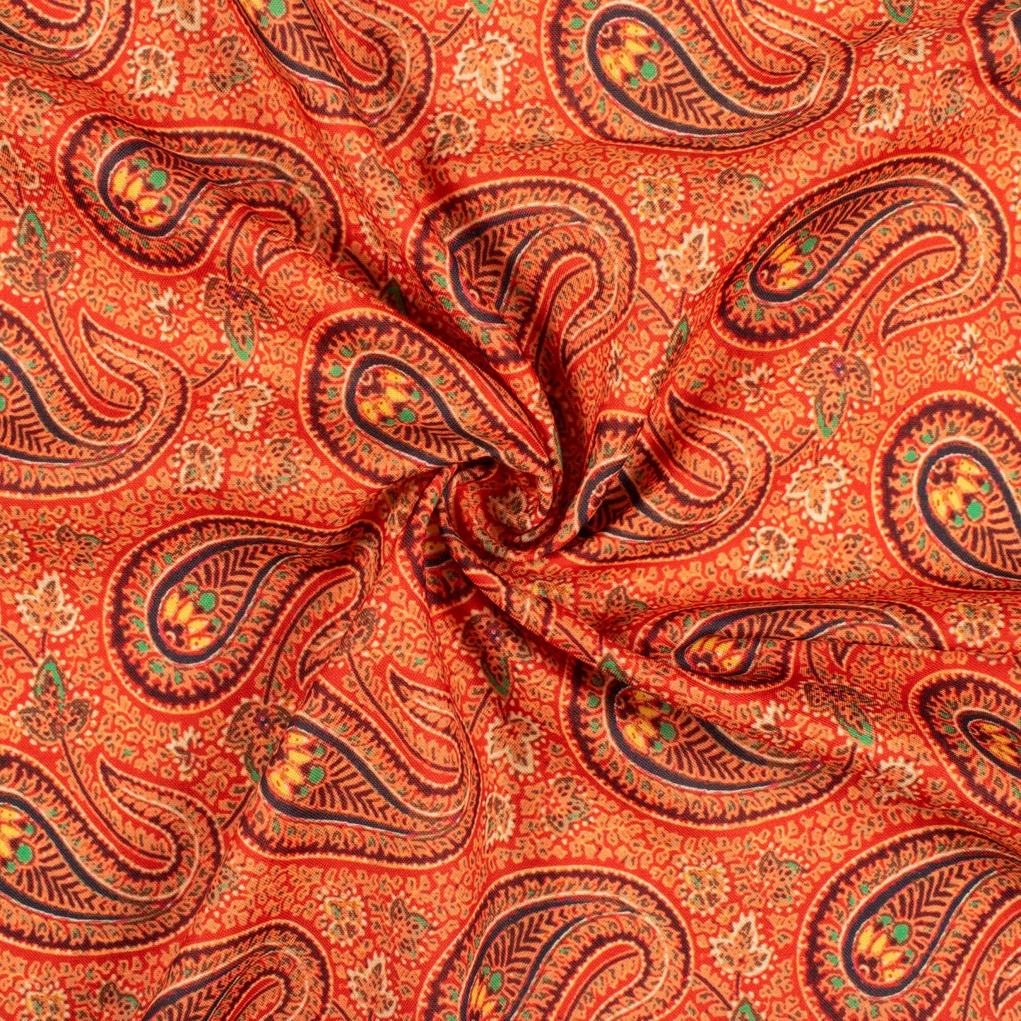 Burnt Orange And Black Paisley Pattern Digital Print Rayon Fabric