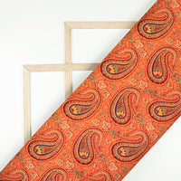 Burnt Orange And Black Paisley Pattern Digital Print Rayon Fabric
