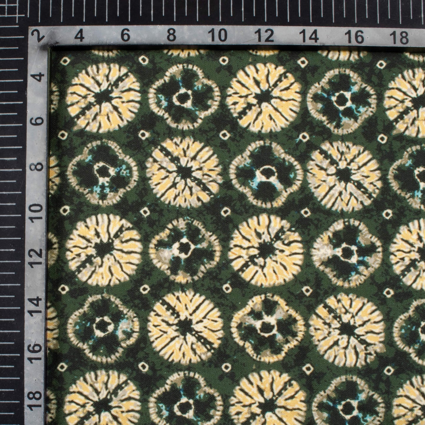 Fern Green And Yellow Shibori Pattern Digital Print Rayon Fabric
