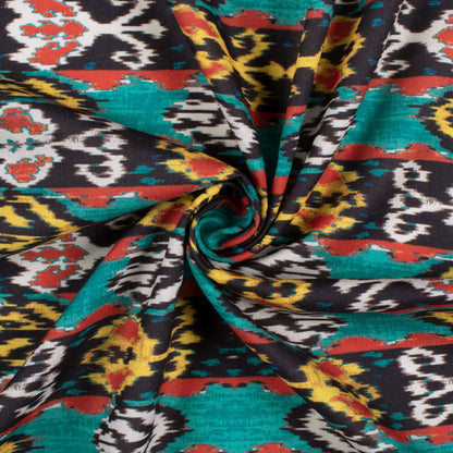 Pine Green And Mustard Yellow Ikkat Pattern Digital Print Rayon Fabric