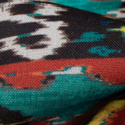 Pine Green And Mustard Yellow Ikkat Pattern Digital Print Rayon Fabric