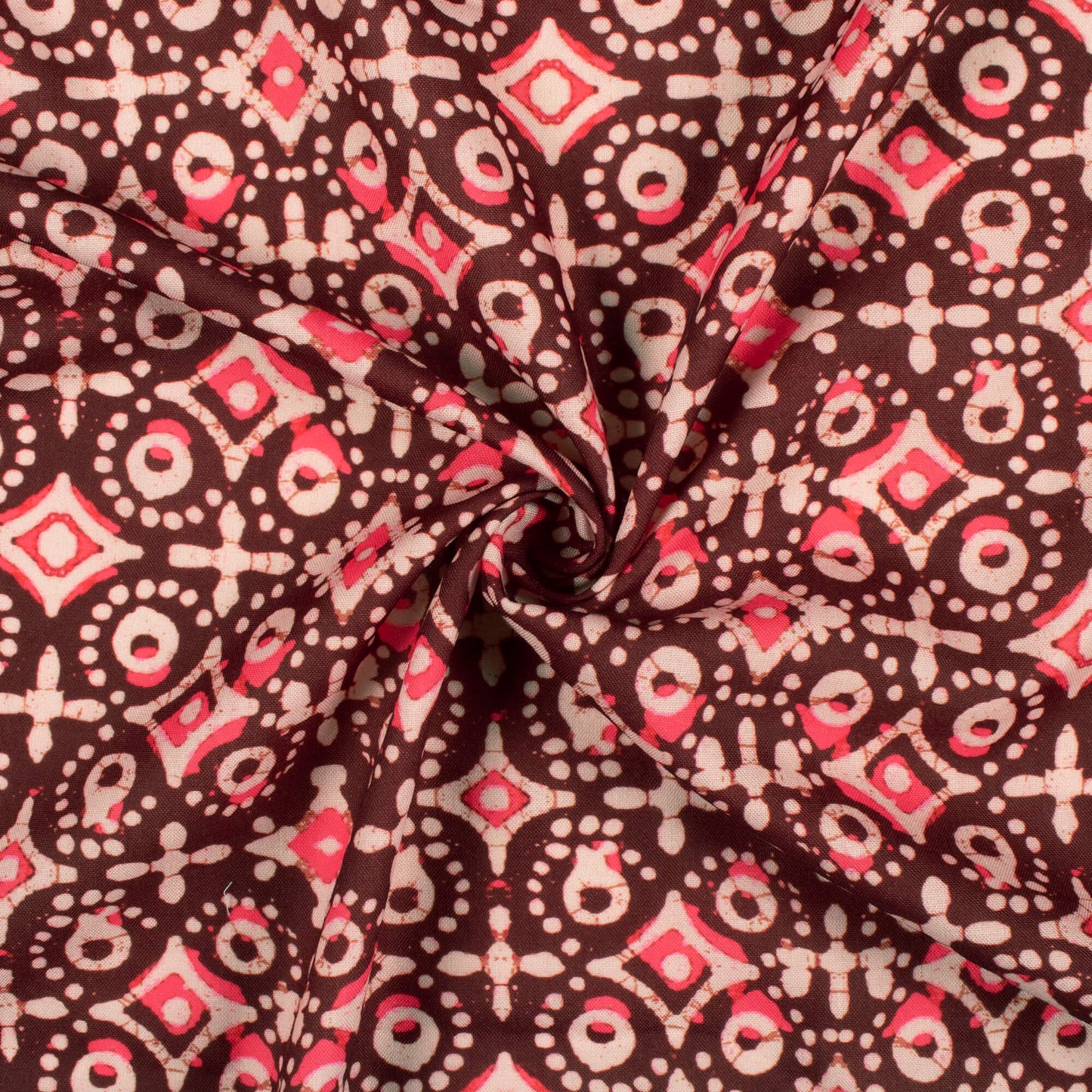 Walnut Brown And Punch Pink Geometric Pattern Digital Print Rayon Fabric