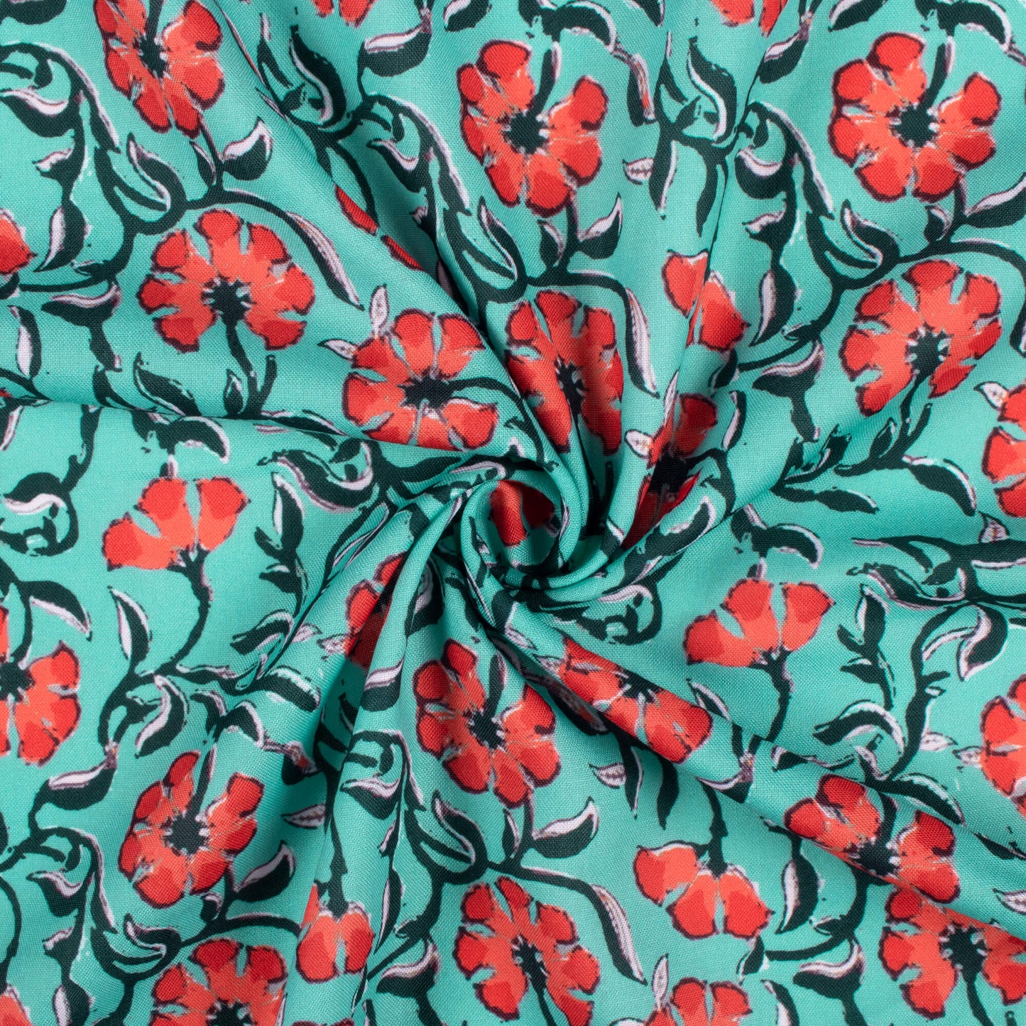 Turquoise And Red Floral Pattern Digital Print Rayon Fabric