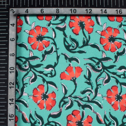 Turquoise And Red Floral Pattern Digital Print Rayon Fabric
