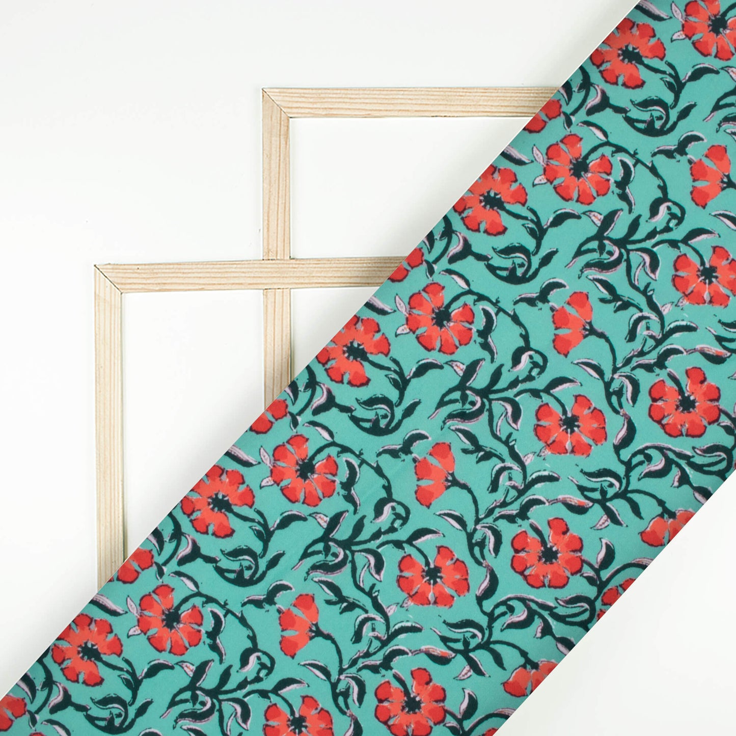 Turquoise And Red Floral Pattern Digital Print Rayon Fabric