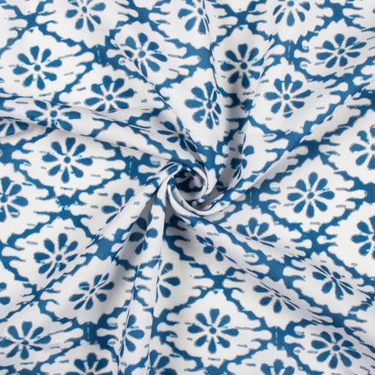 White And Blue Indiigo Pattern Digital Print Rayon Fabric