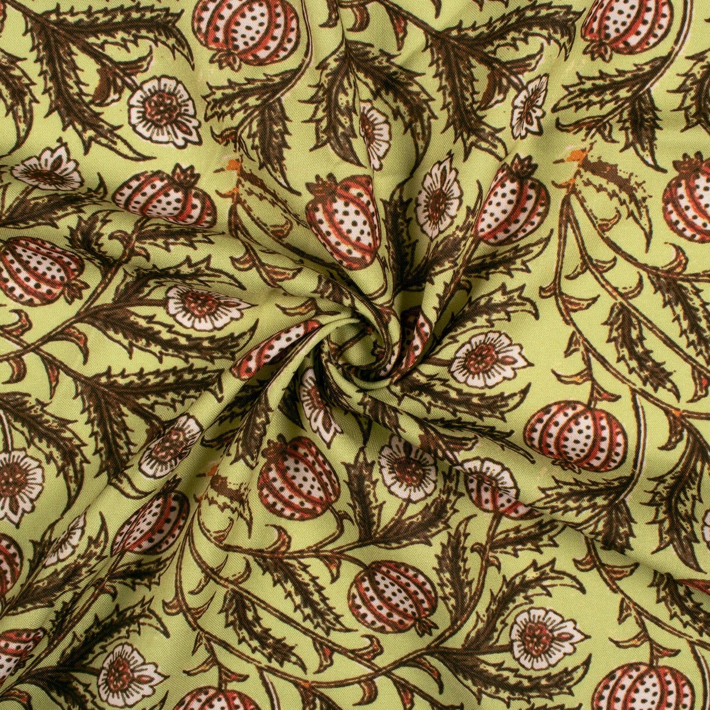 Earls Green And Vermilion Red Kalamkari Pattern Digital Print Rayon Fabric