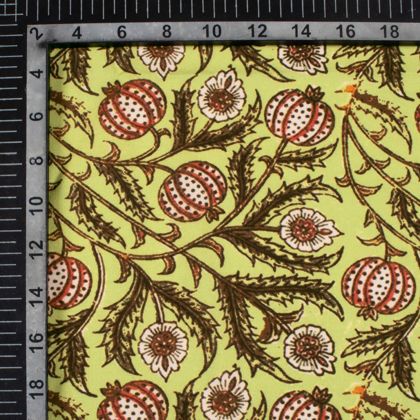 Earls Green And Vermilion Red Kalamkari Pattern Digital Print Rayon Fabric