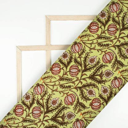 Earls Green And Vermilion Red Kalamkrii Pattern Digital Print Rayon Fabric