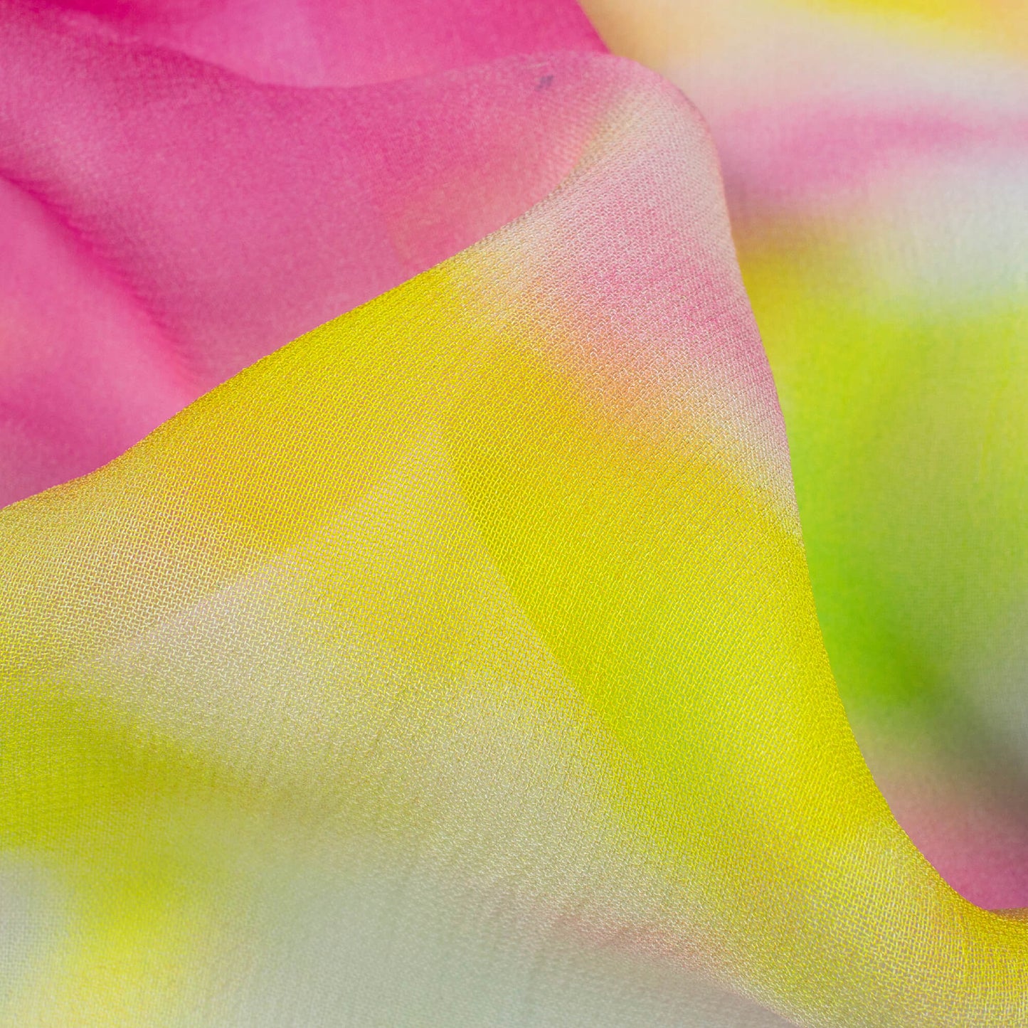 Lemon Yellow And Deep Pink Tie & Dye Pattern Digital Print Pure Georgette Fabric