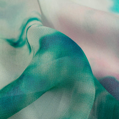 Green And Carnation Pink Tye And Dye Pattern Digital Print Pure Georgette Fabric