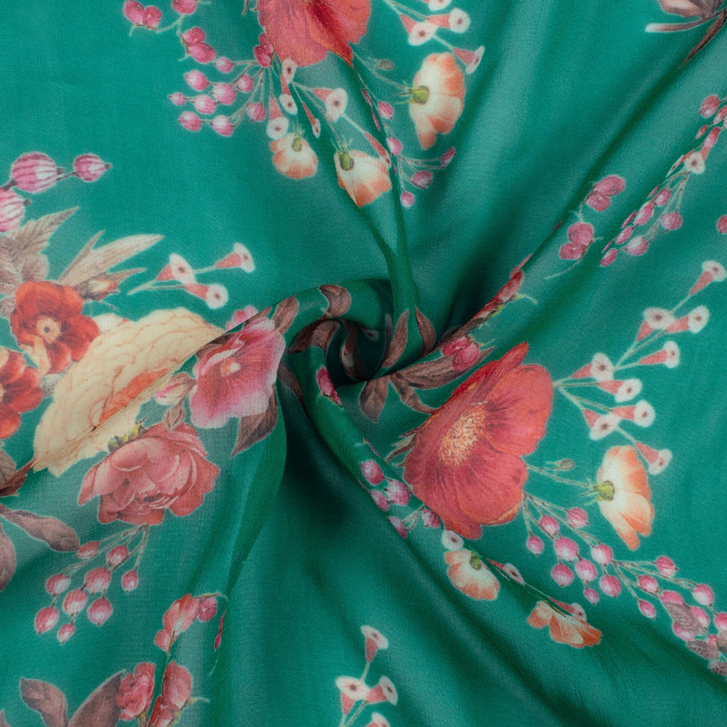 Pine Green And Red Floral Pattern Digital Print Viscose Georgette Fabric