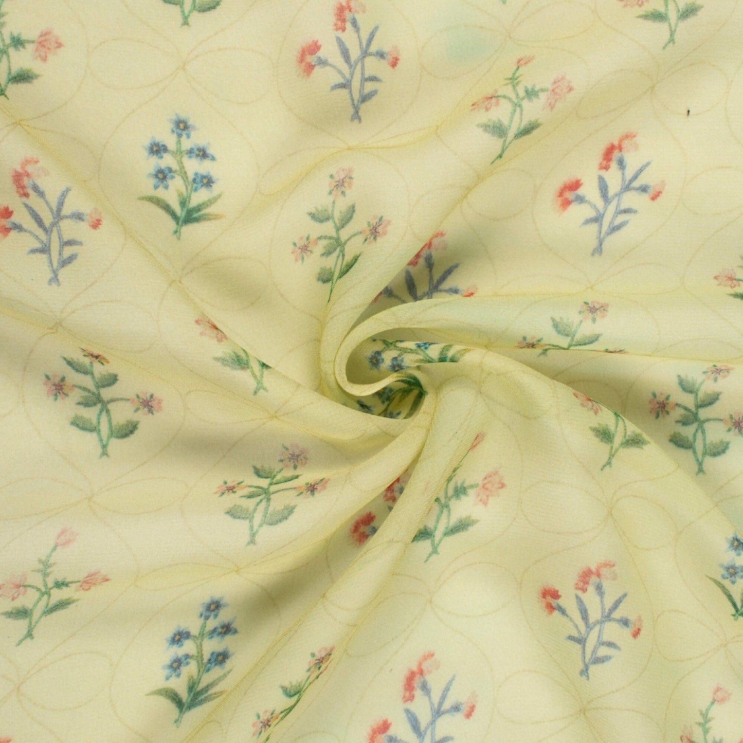 Ecru Yellow And Green Floral Pattern Digital Print Pure Georgette Fabric