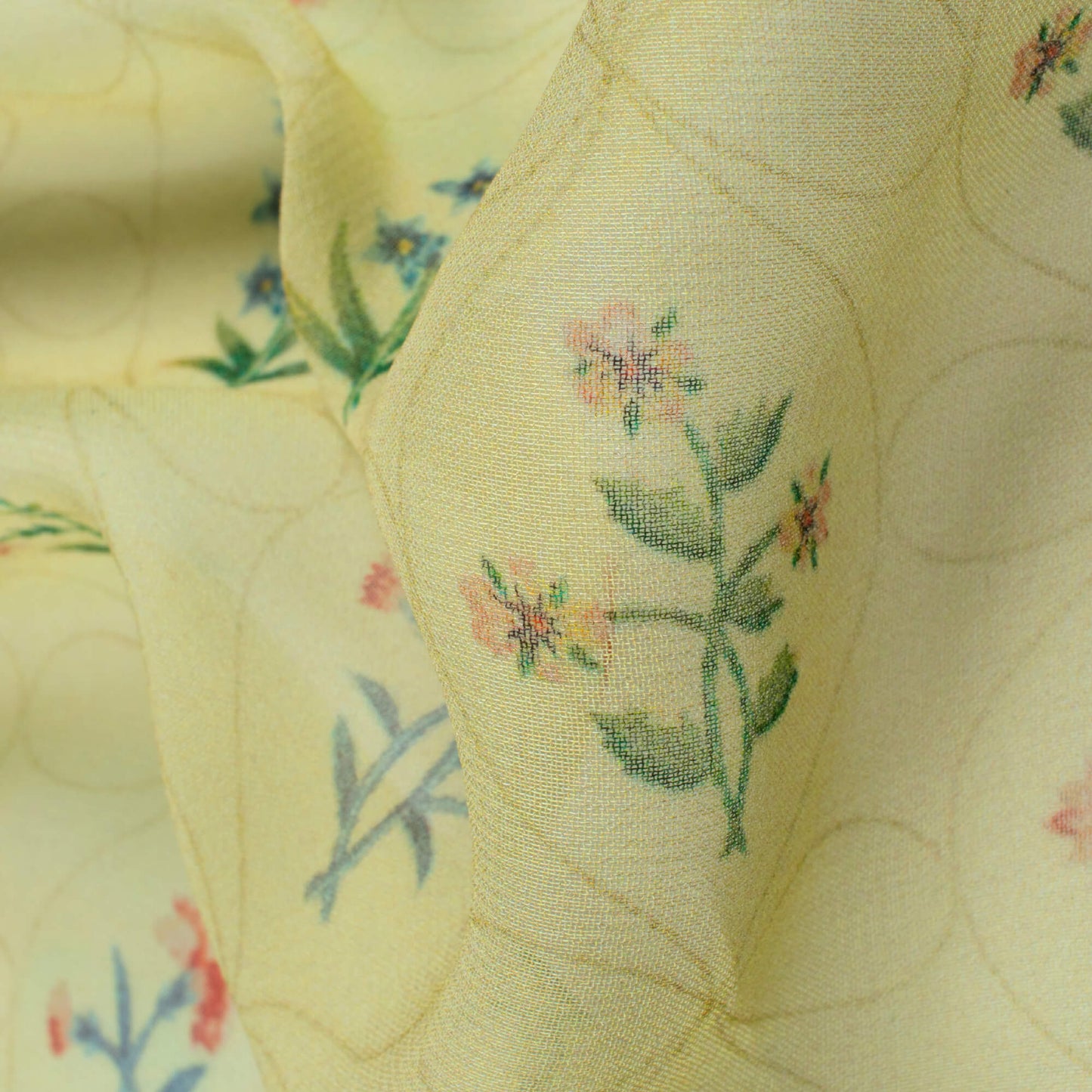 Ecru Yellow And Green Floral Pattern Digital Print Pure Georgette Fabric