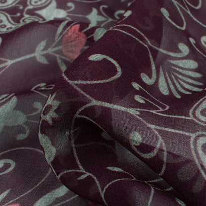 Raisin Purple And Tea Green Ethnic Pattern Digital Print Pure Georgette Fabric