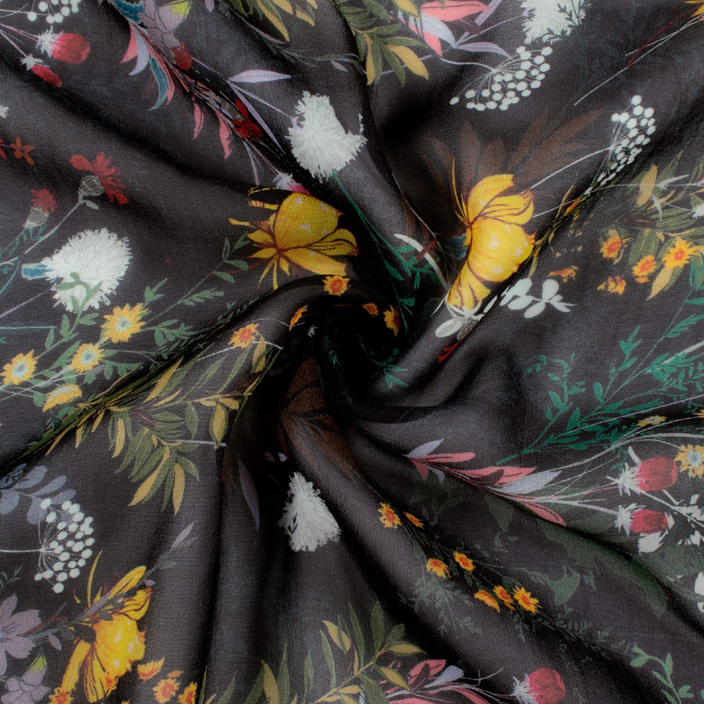 Black And Merigold Yellow Floral Pattern Digital Print Pure Georgette Fabric