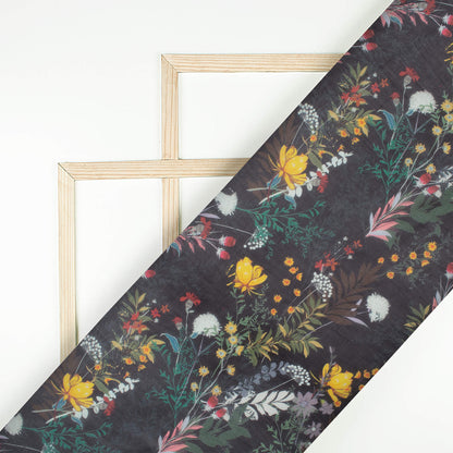 Black And Merigold Yellow Floral Pattern Digital Print Pure Georgette Fabric
